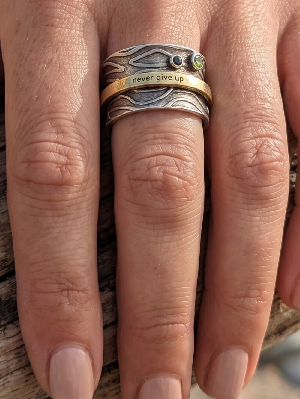 Artisan Sterling Spinner Ring Chunky Woodgrain Never Give Up Granola Goblincore